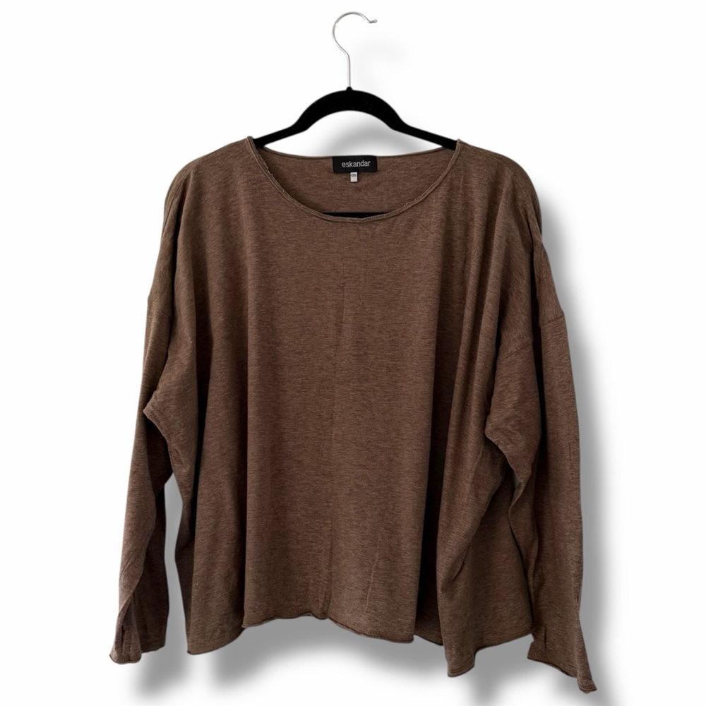 Eskandar Brown Cotton Jersey Double Edge Scoop Neck Long Sleeve Top Boxy OSFM